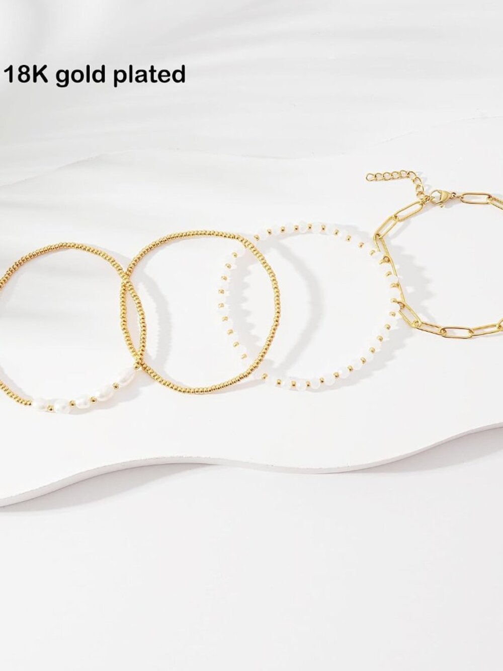Dainty Gold Plated Pearl Crystal Beaded Bracelets Set for Women 14K Gold Plated - Picture 2 of 7